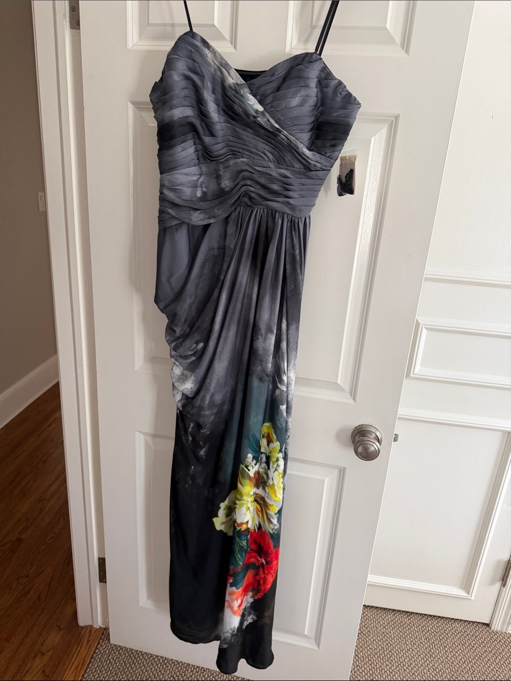 David's Bridal Gray Strapless Maxi Dress with Floral Accent